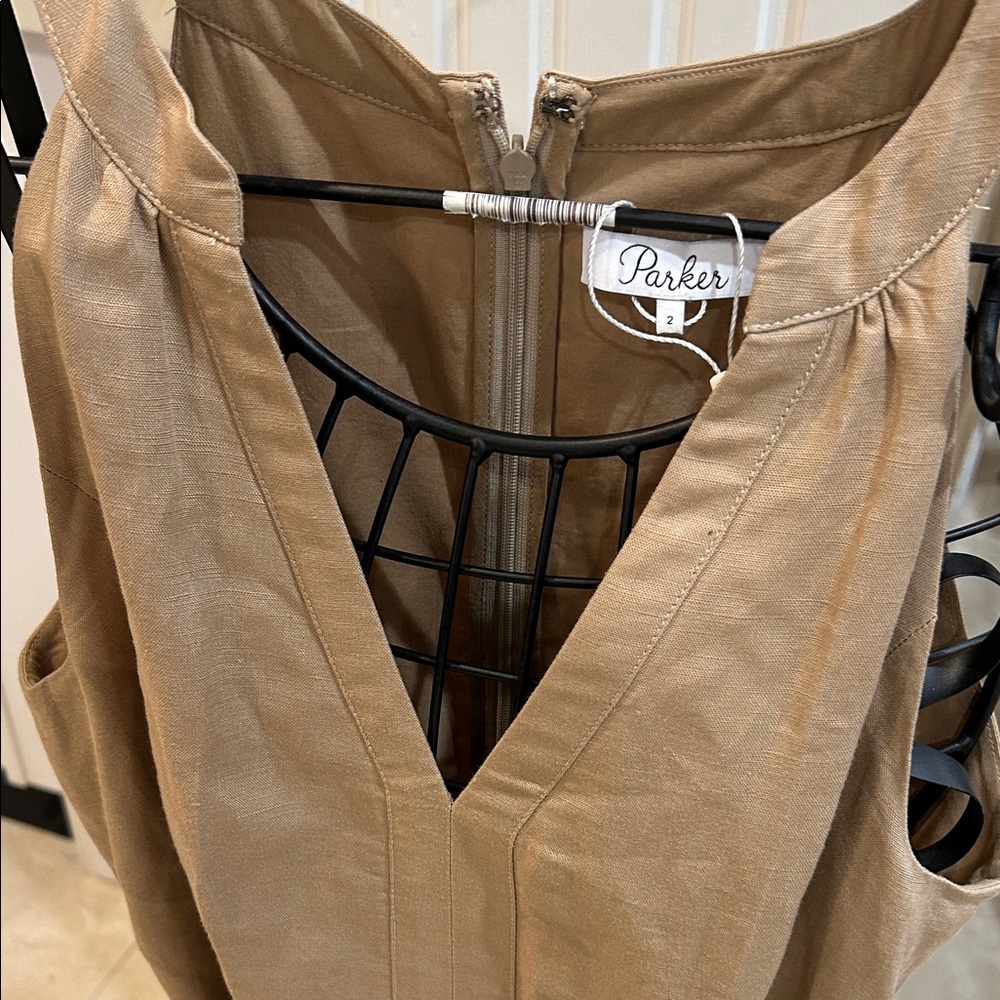 Parker Beige V-Neck Sleeveless Blouse. Linen blend